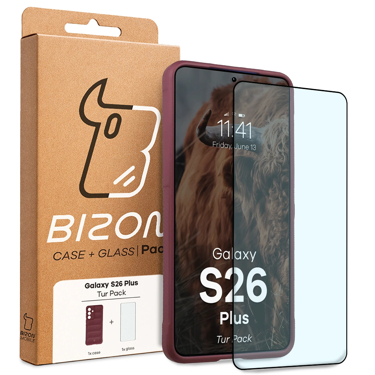 Robuste Handyhülle + gehärtetem Glas für Galaxy S26 Plus, Bizon Tur Pack, Burgunderrot