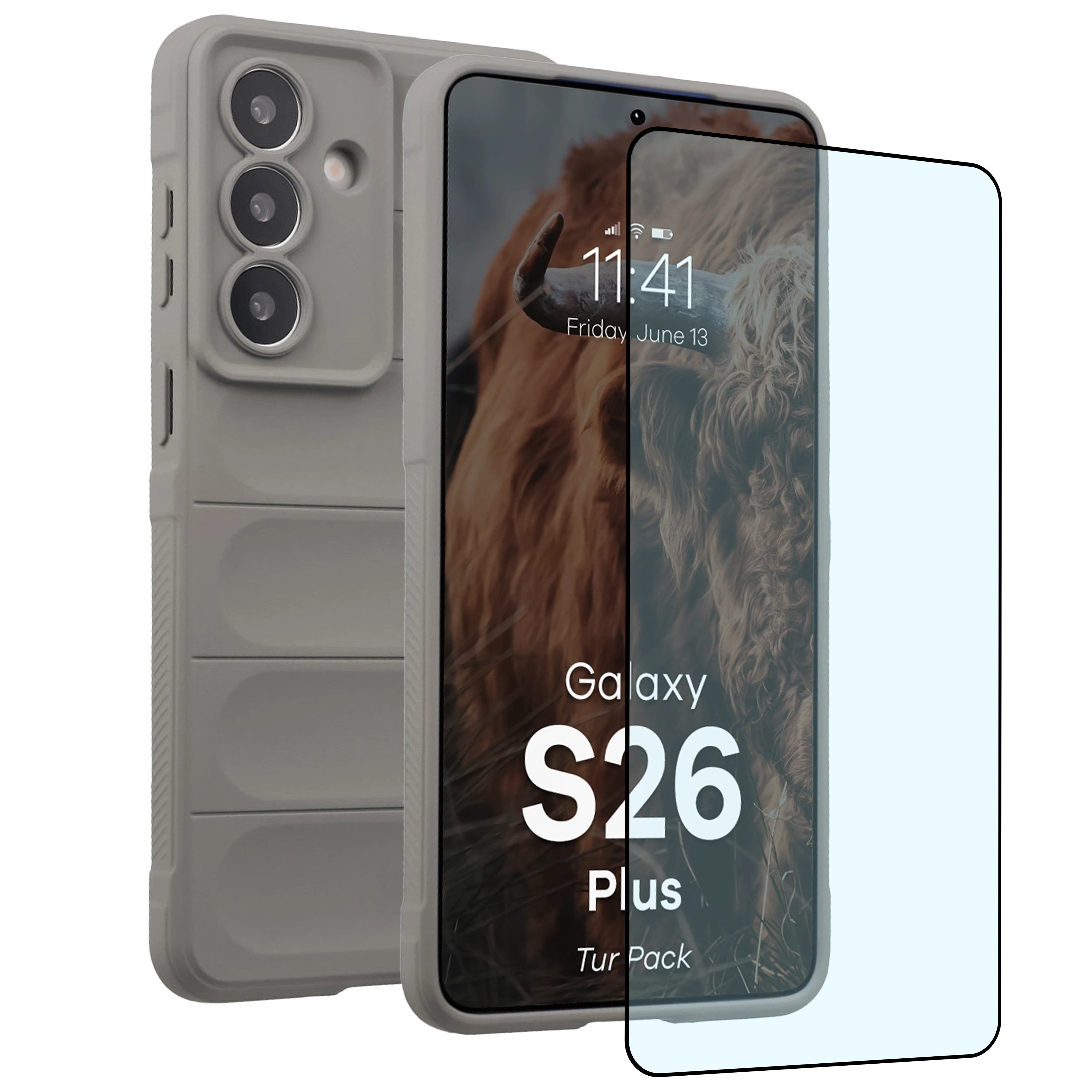 Robuste Handyhülle + gehärtetem Glas für Galaxy S26 Plus, Bizon Tur Pack, Hellgrau