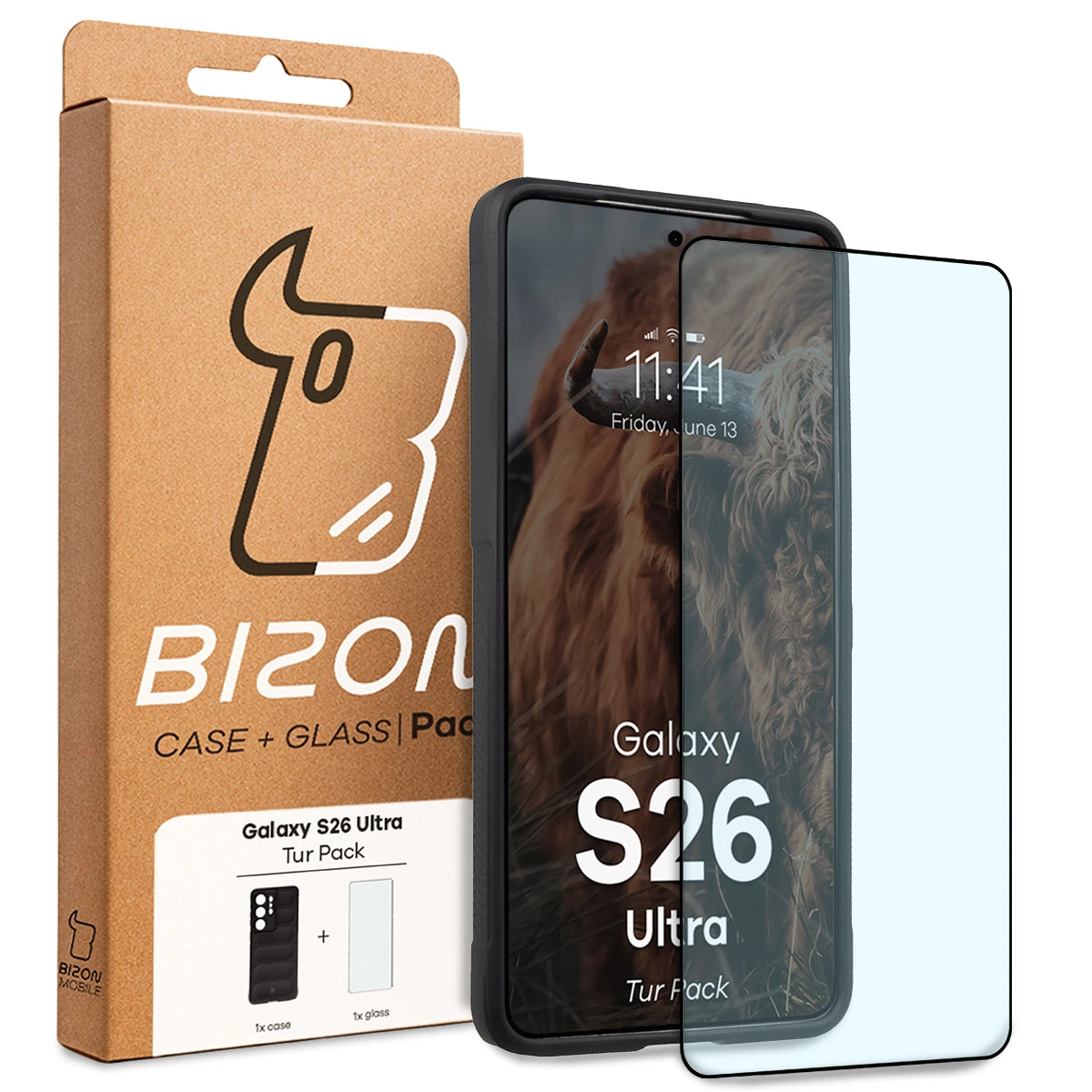 Robuste Handyhülle + gehärtetem Glas für Galaxy S26 Ultra, Bizon Tur Pack, Schwarz