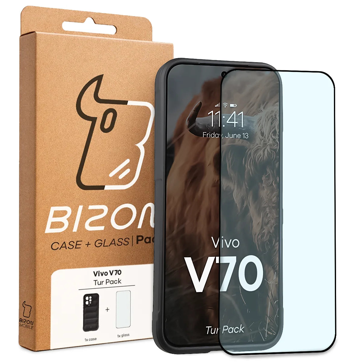 Robuste Handyhülle + gehärtetem Glas für Vivo V70 5G, Bizon Tur Pack, Schwarz