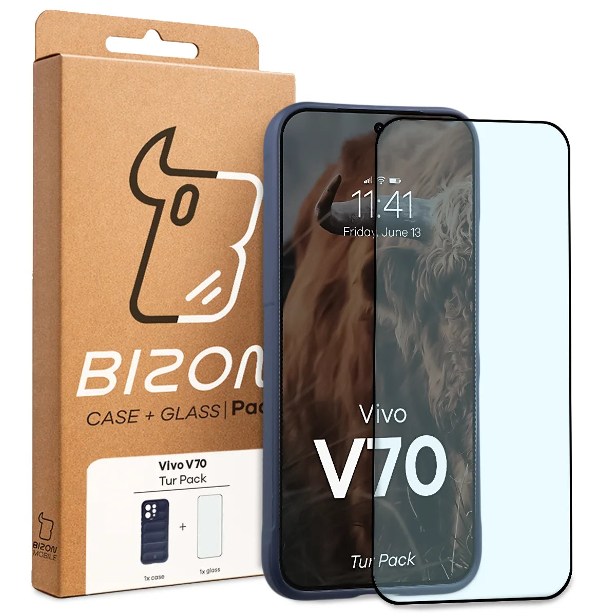 Robuste Handyhülle + gehärtetem Glas für Vivo V70 5G, Bizon Tur Pack, Dunkelblau