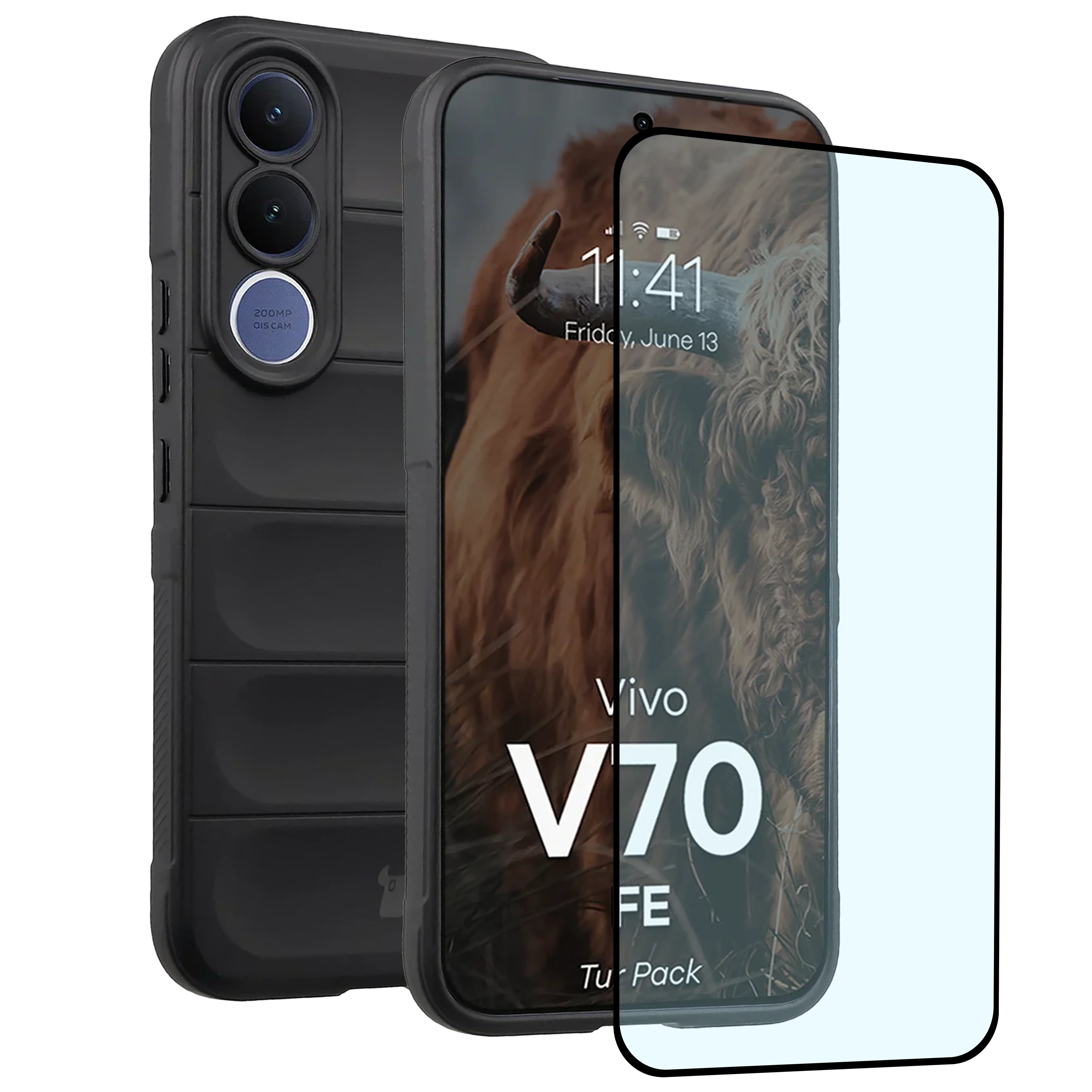 Robuste Handyhülle + gehärtetem Glas für Vivo V70 FE 5G, Bizon Tur Pack, Schwarz