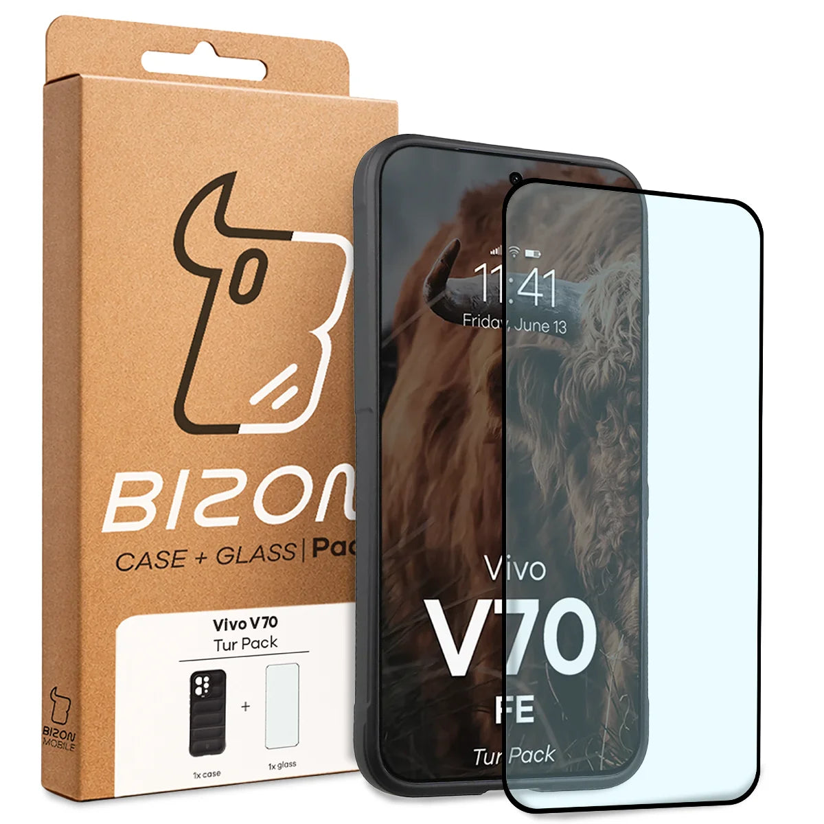 Robuste Handyhülle + gehärtetem Glas für Vivo V70 FE 5G, Bizon Tur Pack, Schwarz