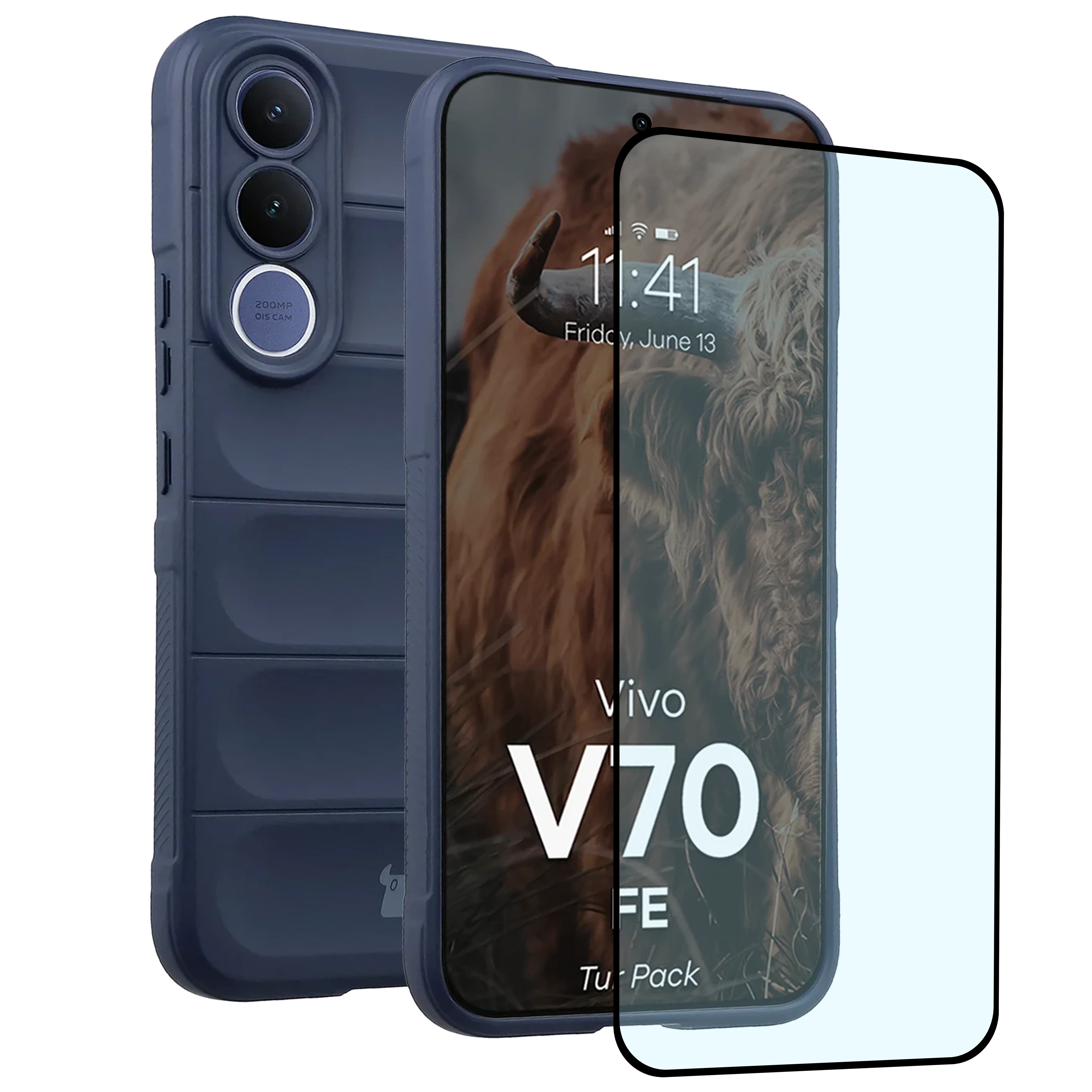 Robuste Handyhülle + gehärtetem Glas für Vivo V70 FE 5G, Bizon Tur Pack, Dunkelblau