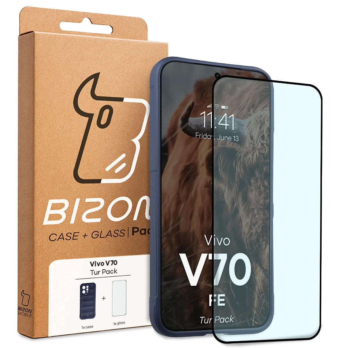 Robuste Handyhülle + gehärtetem Glas für Vivo V70 FE 5G, Bizon Tur Pack, Dunkelblau