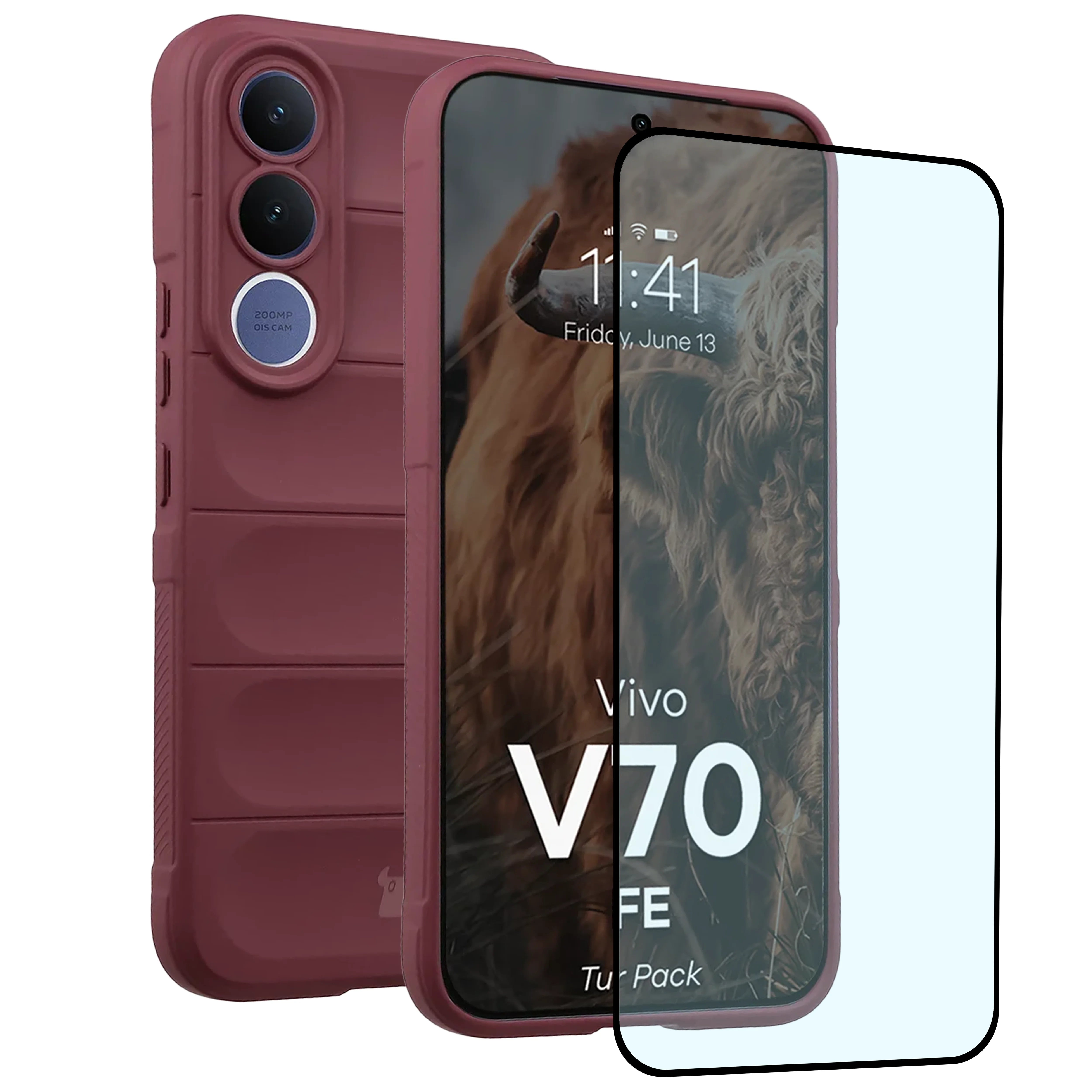 Robuste Handyhülle + gehärtetem Glas für Vivo V70 FE 5G, Bizon Tur Pack, Burgunderrot