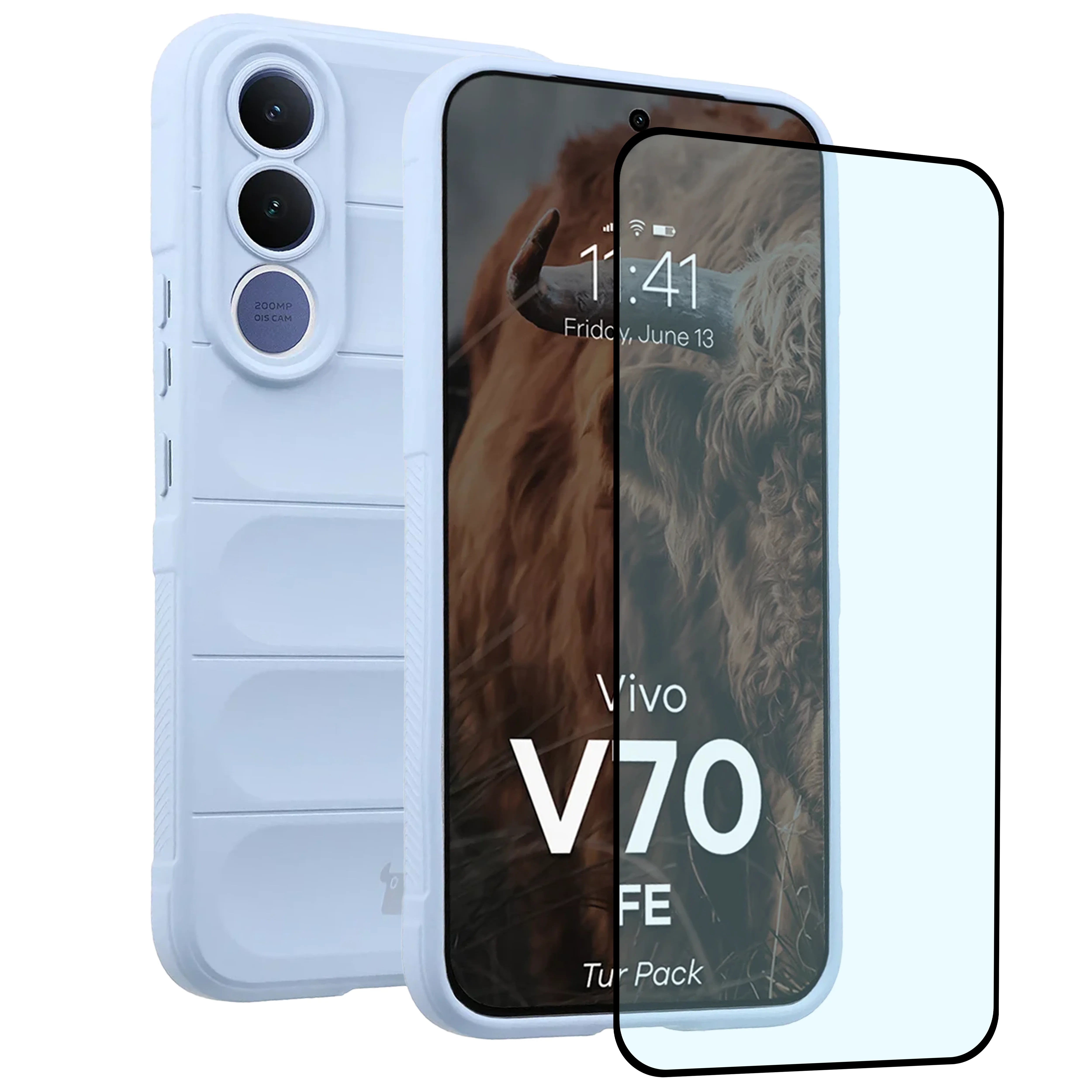 Robuste Handyhülle + gehärtetem Glas für Vivo V70 FE 5G, Bizon Tur Pack, Hellblau