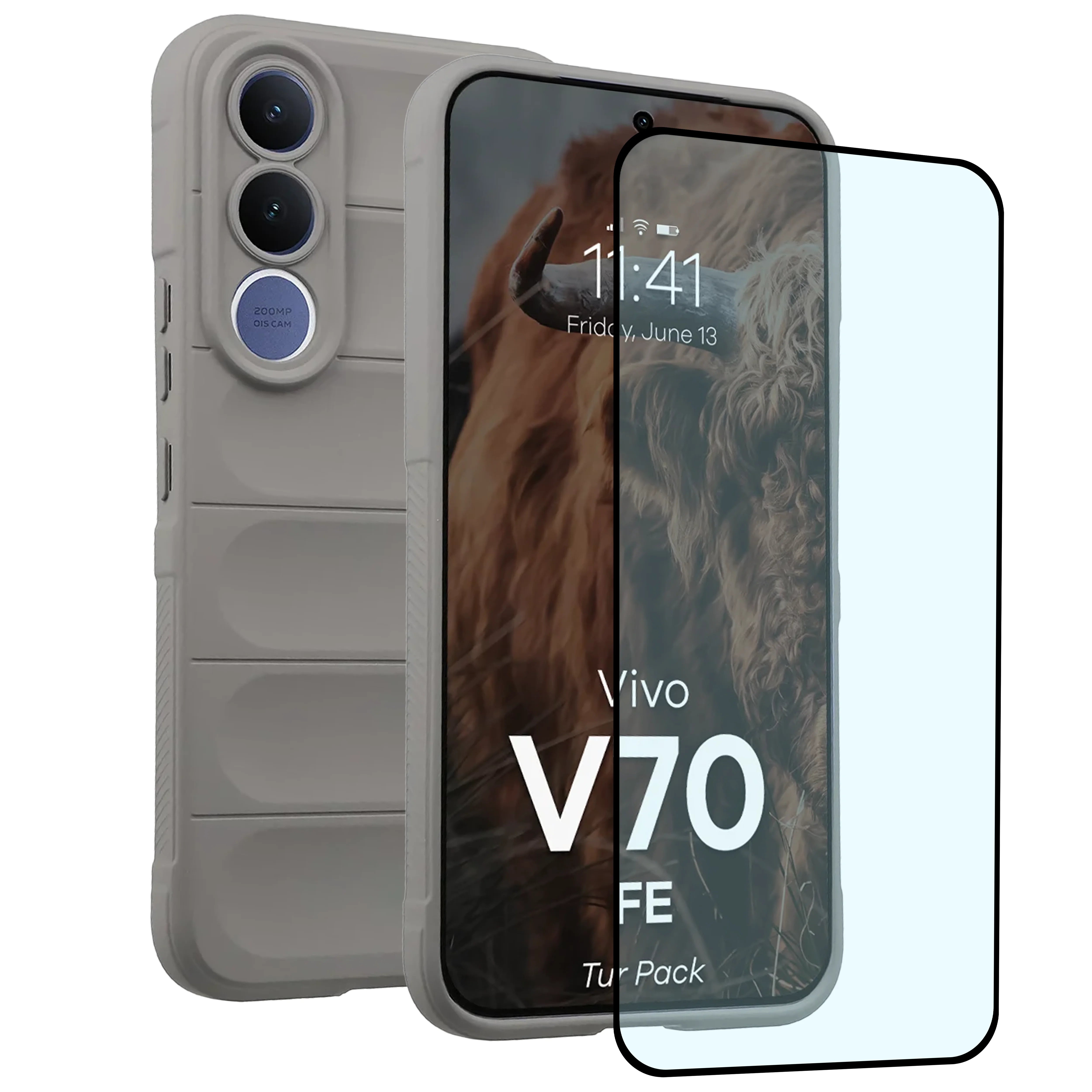 Robuste Handyhülle + gehärtetem Glas für Vivo V70 FE 5G, Bizon Tur Pack, Hellgrau