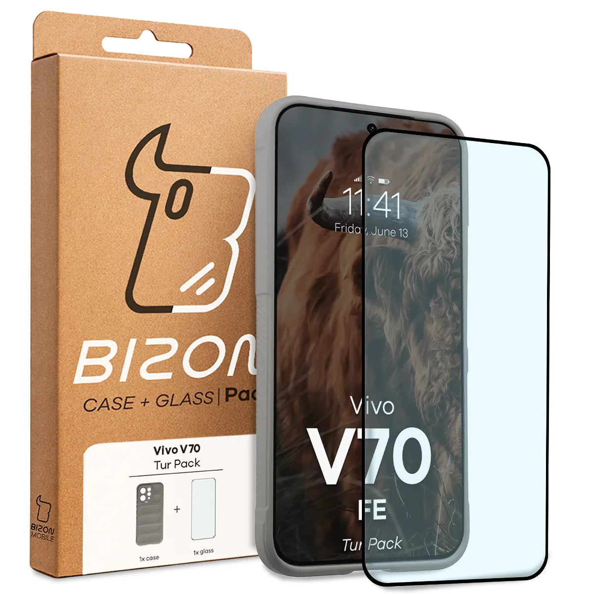 Robuste Handyhülle + gehärtetem Glas für Vivo V70 FE 5G, Bizon Tur Pack, Hellgrau