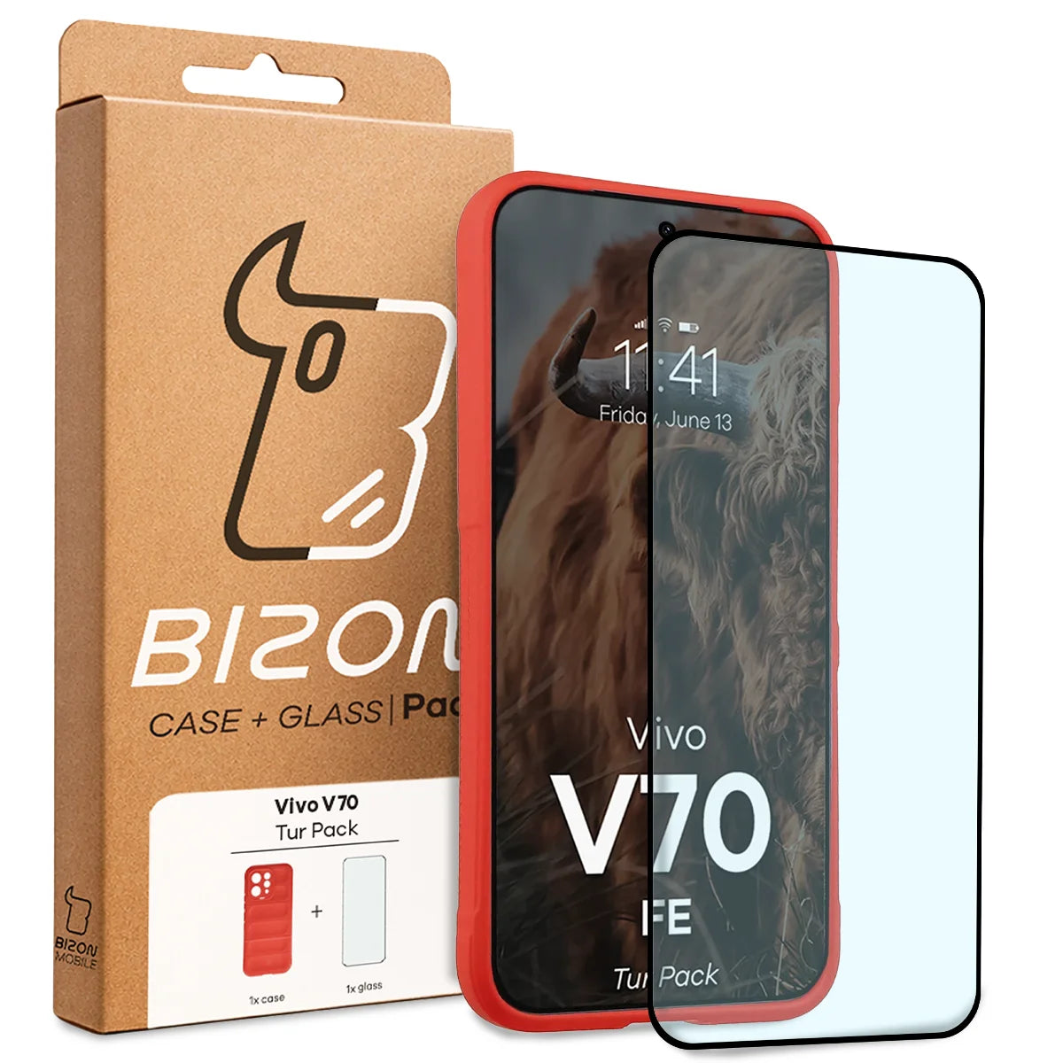 Robuste Handyhülle + gehärtetem Glas für Vivo V70 FE 5G, Bizon Tur Pack, Rot
