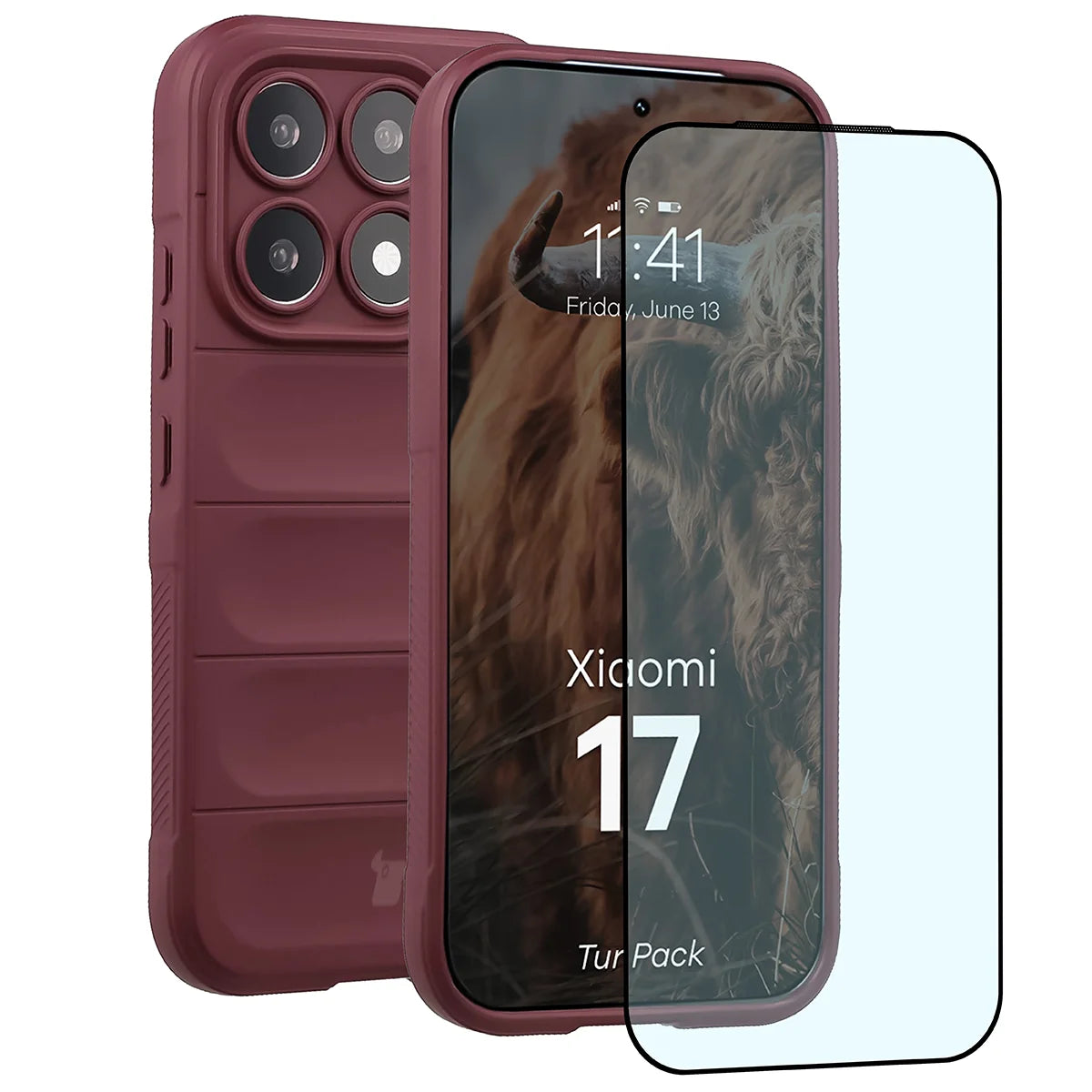 Robuste Handyhülle + gehärtetem Glas für Xiaomi 17, Bizon Tur Pack, Burgunderrot