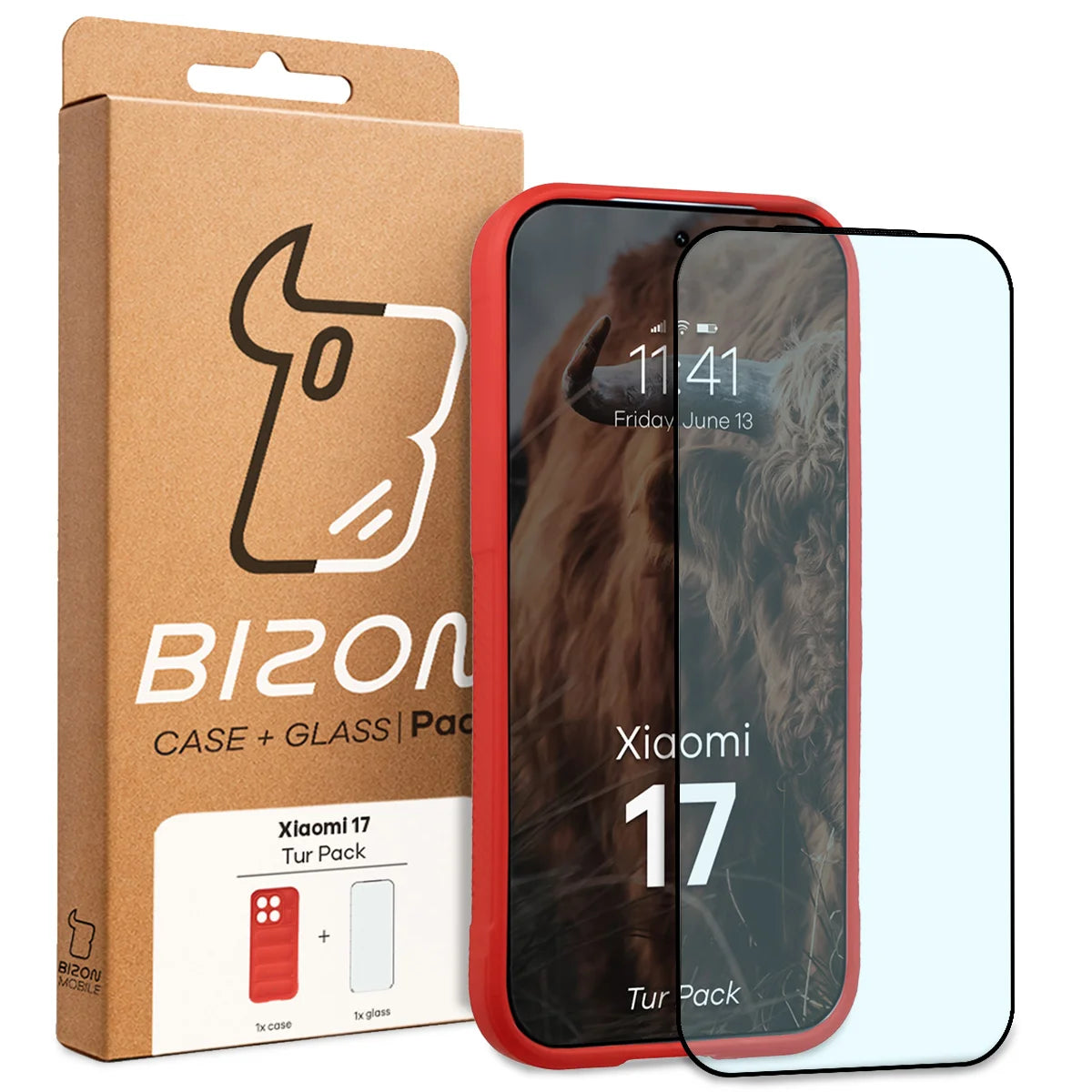 Robuste Handyhülle + gehärtetem Glas für Xiaomi 17, Bizon Tur Pack, Rot