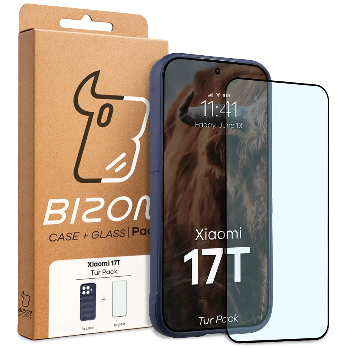 Robuste Handyhülle + gehärtetem Glas für Xiaomi 17T, Bizon Tur Pack, Dunkelblau (10/10)