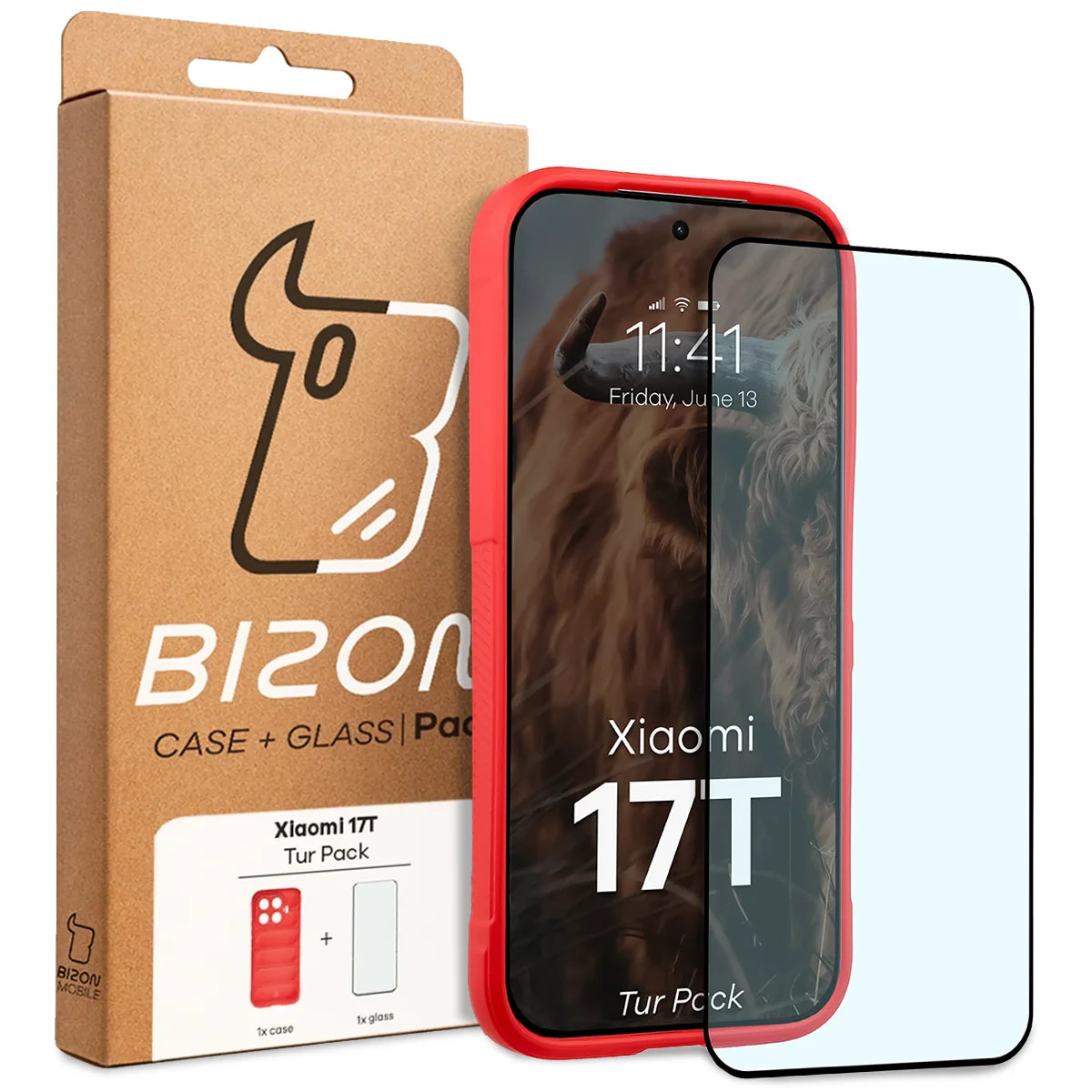 Robuste Handyhülle + gehärtetem Glas für Xiaomi 17T, Bizon Tur Pack, Rot (10/10)