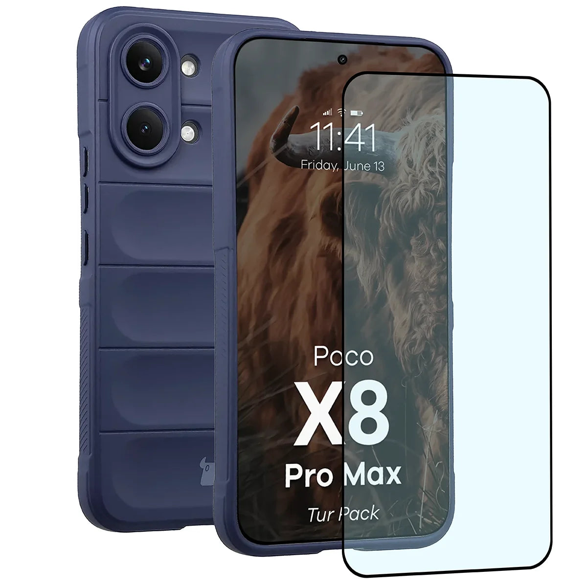 Robuste Handyhülle + gehärtetem Glas für Xiaomi POCO X8 Pro Max, Bizon Tur Pack, Dunkelblau