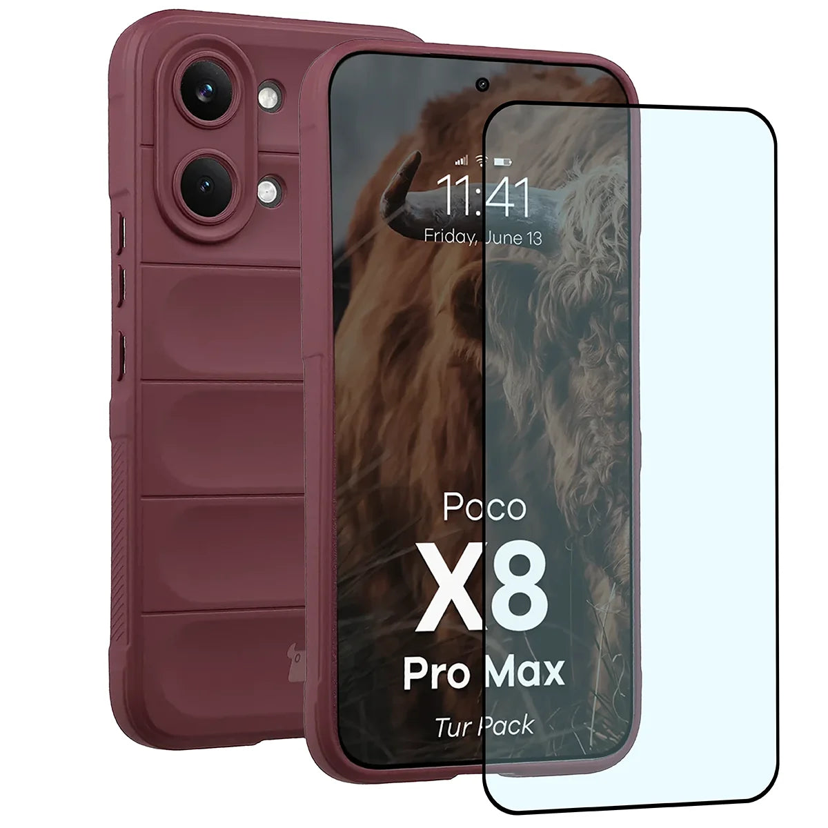 Robuste Handyhülle + gehärtetem Glas für Xiaomi POCO X8 Pro Max, Bizon Tur Pack, Burgunderrot