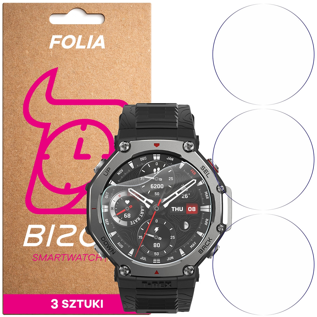 Schutzfolie für den Bildschirm für Amazfit T-Rex 3, Bizon Watch HydroFlex, 3 Stück
