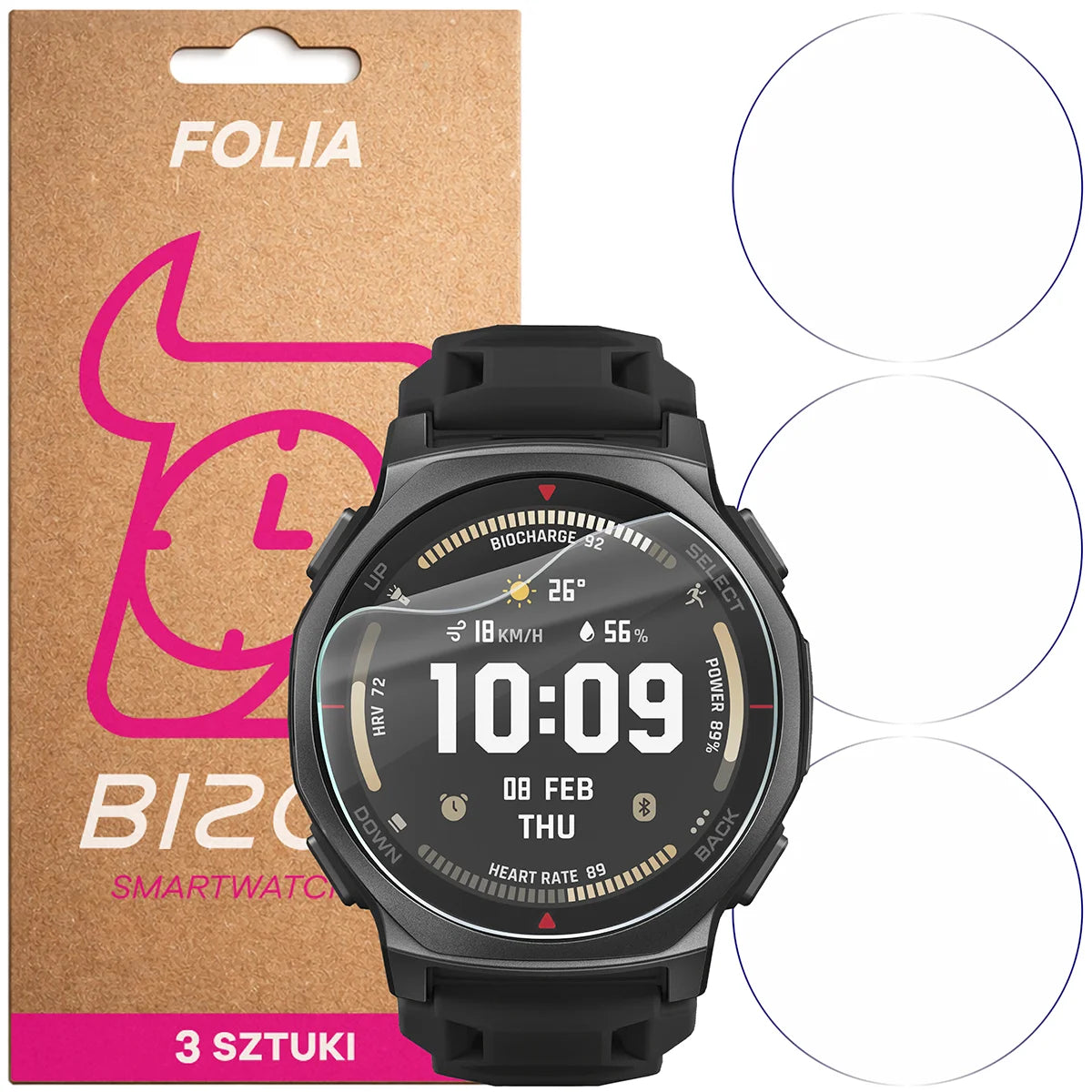 Schutzfolie für den Bildschirm für Amazfit T-Rex 3 Pro 44 mm, Bizon Watch HydroFlex, 3 Stück