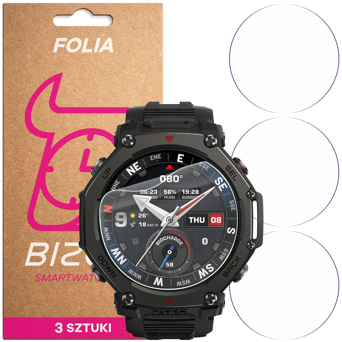 Schutzfolie für den Bildschirm für Amazfit T-Rex 3 Pro 48 mm, Bizon Watch HydroFlex, 3 Stück