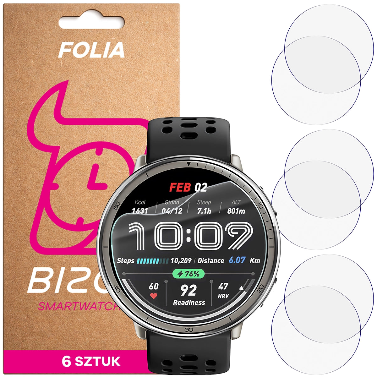 Schutzfolie für den Bildschirm für Amazfit Active 2, Bizon Watch HydroFlex, 6 Stück