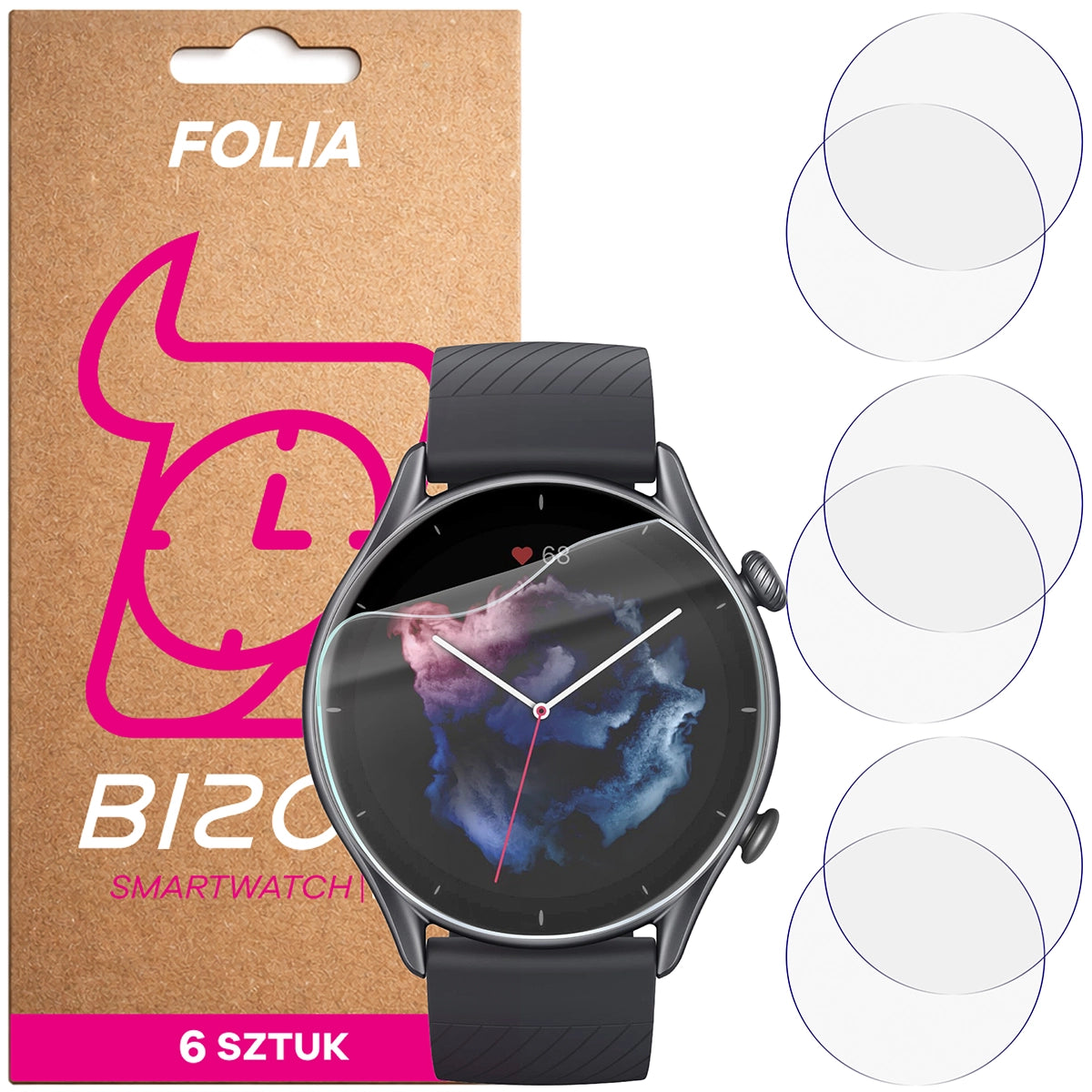 Schutzfolie für den Bildschirm für Amazfit GTR 3, Bizon Watch HydroFlex, 6 Stück