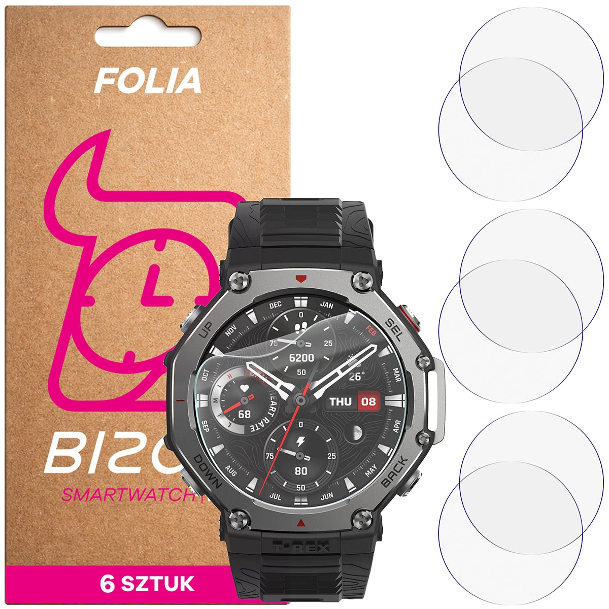 Schutzfolie für den Bildschirm für Amazfit T-Rex 3, Bizon Watch HydroFlex, 6 Stück