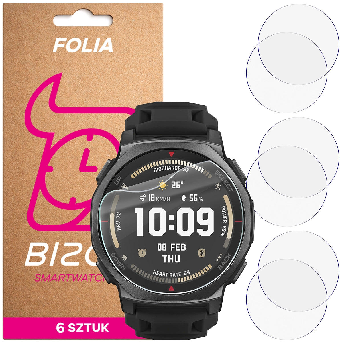 Schutzfolie für den Bildschirm für Amazfit T-Rex 3 Pro 44 mm, Bizon Watch HydroFlex, 6 Stück
