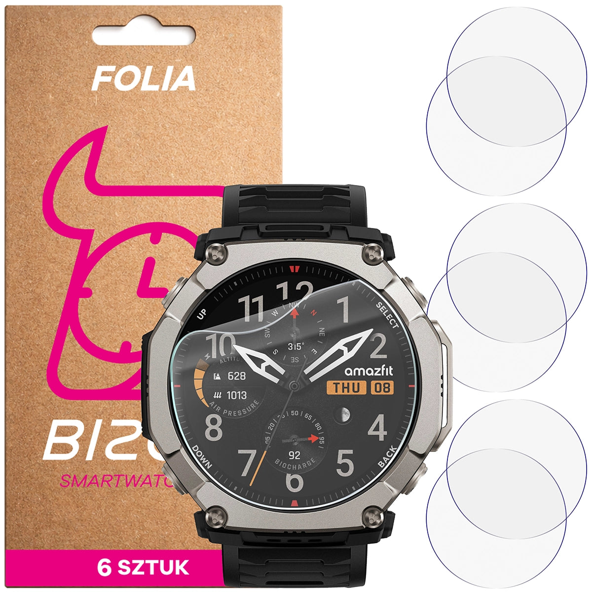 Schutzfolie für den Bildschirm für Amazfit T-Rex Ultra 2, Bizon Watch HydroFlex, 6 Stück