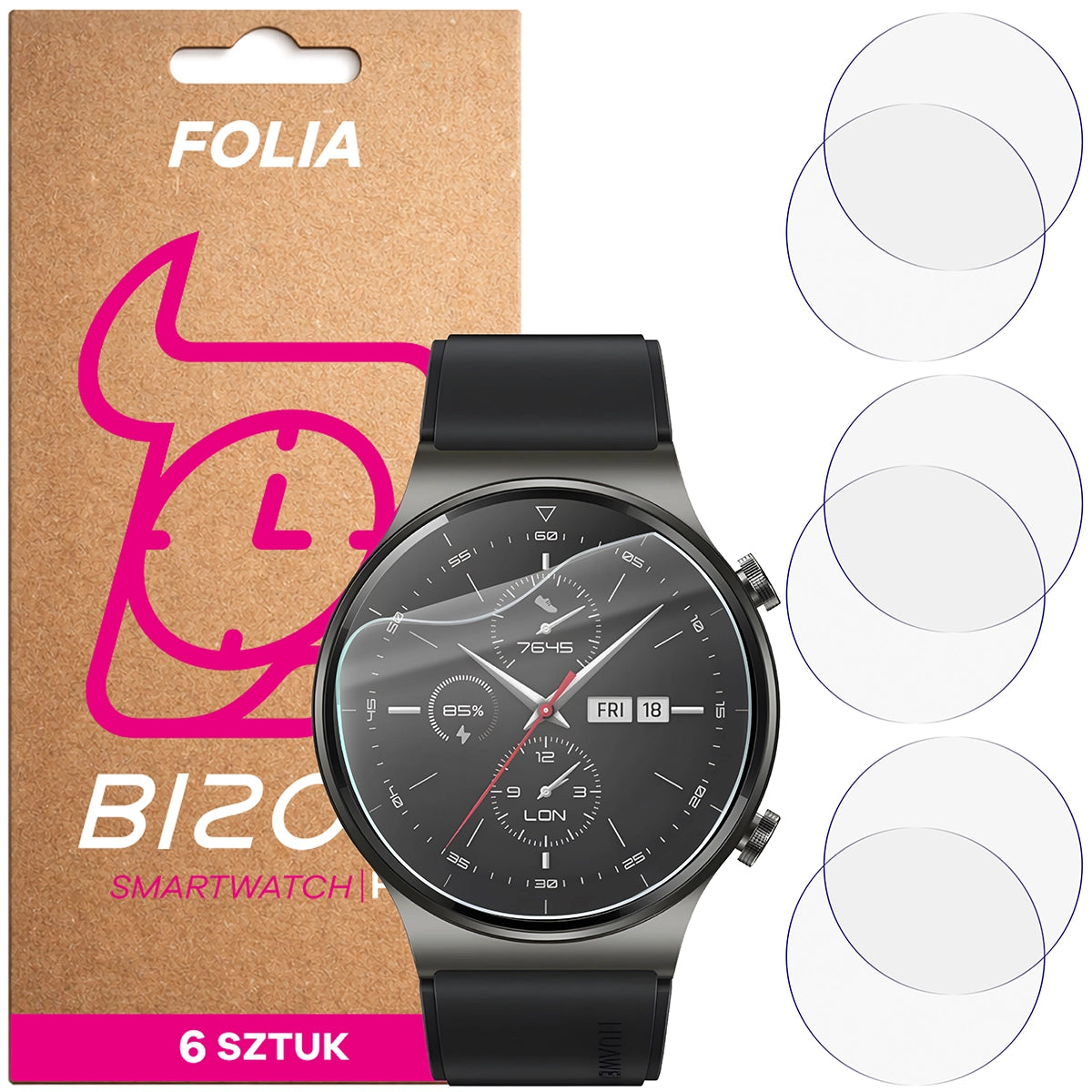 Schutzfolie für den Bildschirm für Huawei Watch GT 2 Pro, Bizon Watch HydroFlex, 6 Stück