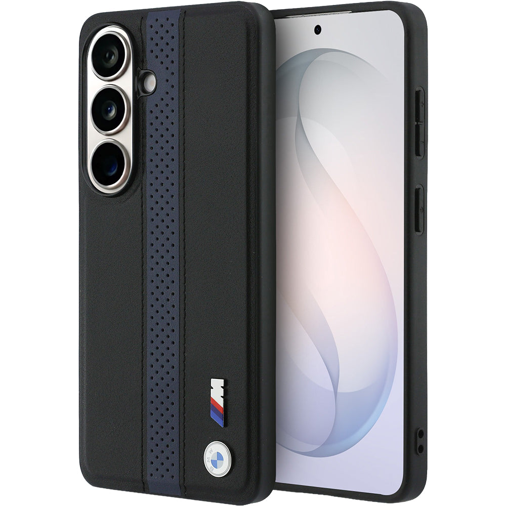 Handyhülle für Galaxy S26, BMW Hardcase Leather mit MagSafe, Schwarz mit dunkelblauem Streifen