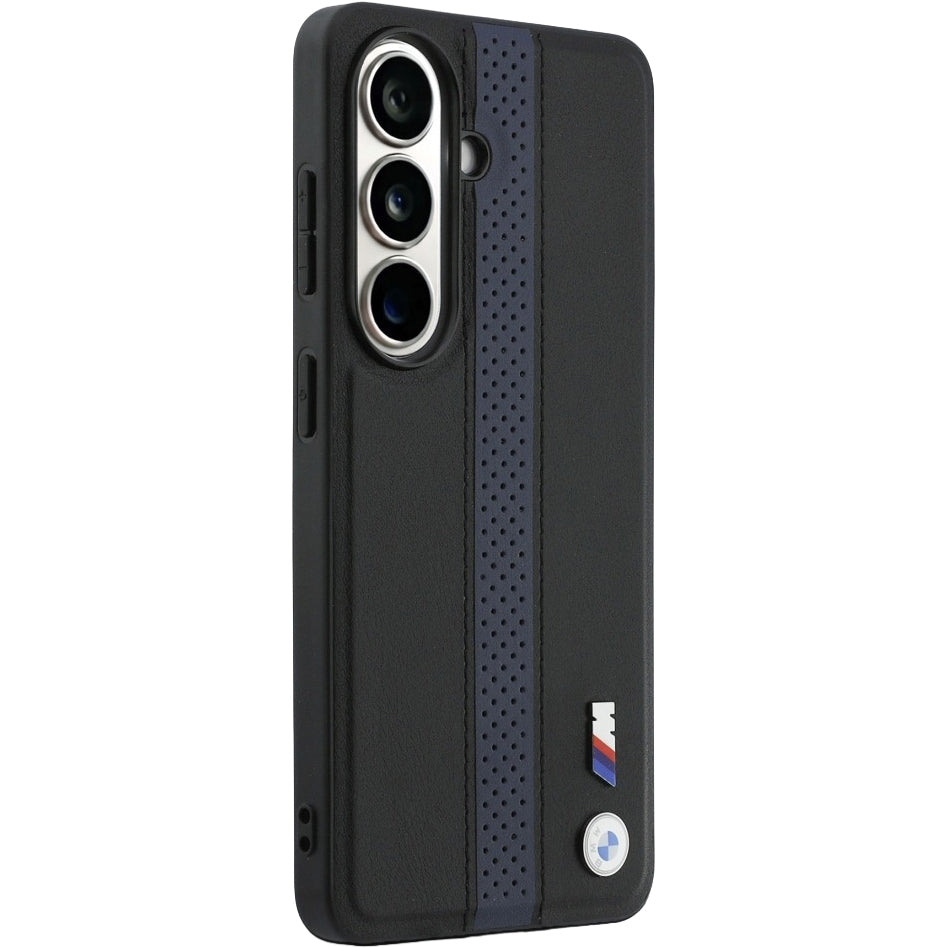Handyhülle für Galaxy S26, BMW Hardcase Leather mit MagSafe, Schwarz mit dunkelblauem Streifen