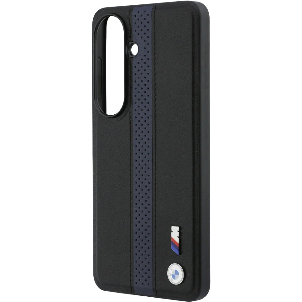 Handyhülle für Galaxy S26, BMW Hardcase Leather mit MagSafe, Schwarz mit dunkelblauem Streifen