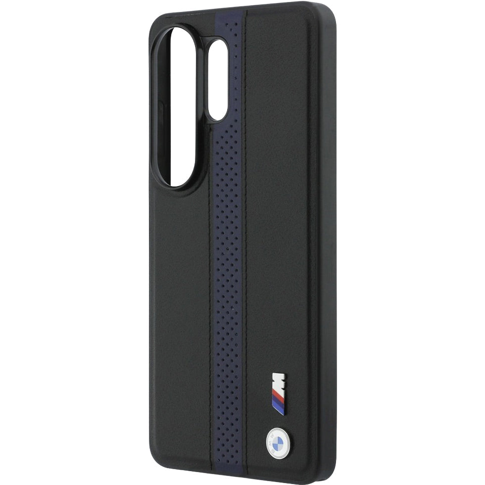 Handyhülle für Galaxy S26 Ultra, BMW Hardcase Leather mit MagSafe, Schwarz mit dunkelblauem Streifen