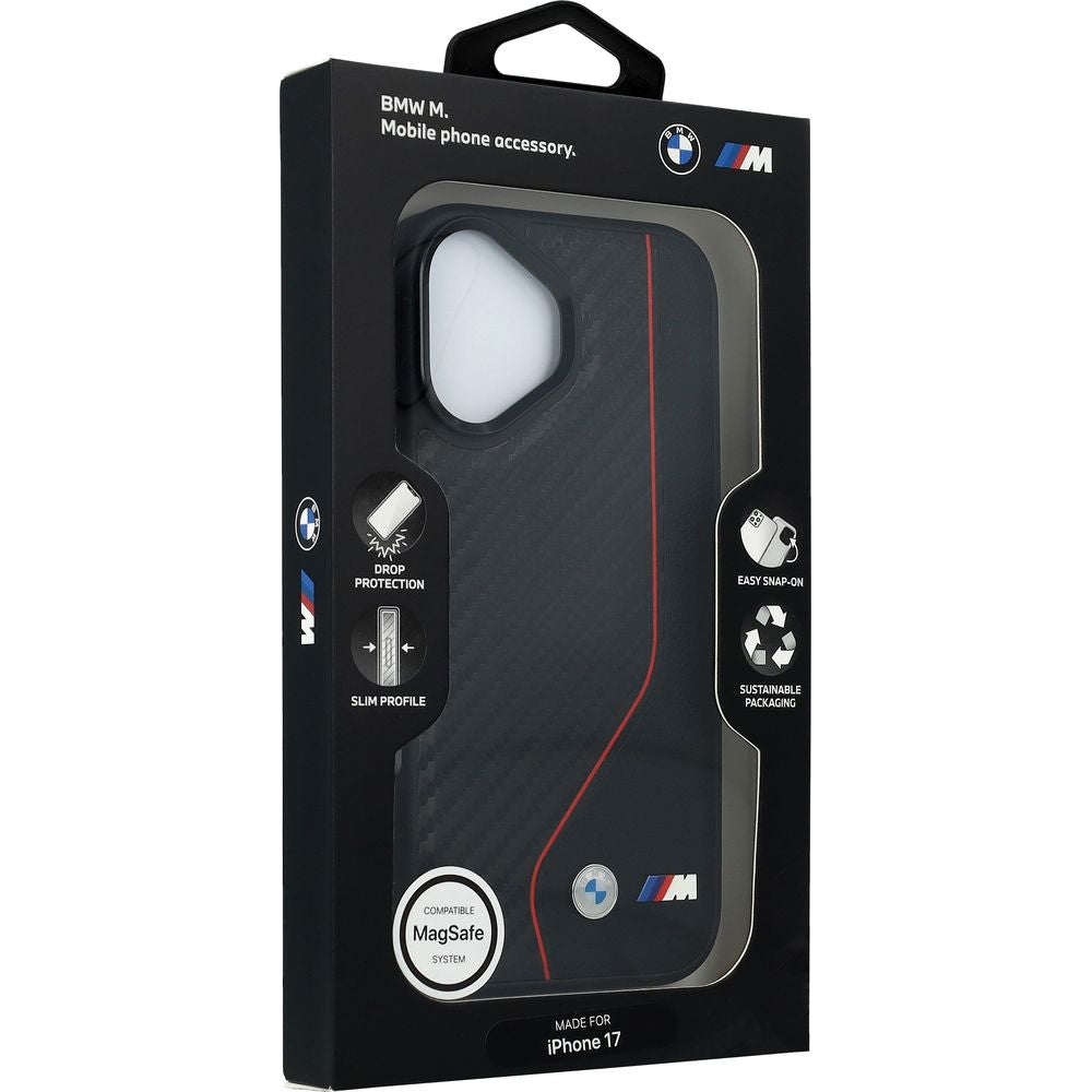 Handyhülle für iPhone 17, BMW M Carbon Line & Logo mit MagSafe, Schwarz mit roter Linie