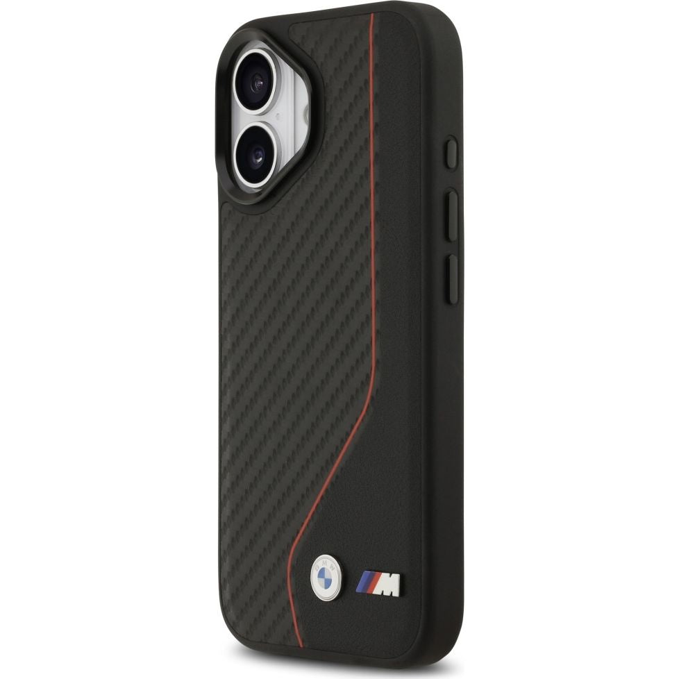Handyhülle für iPhone 17, BMW M Carbon Line & Logo mit MagSafe, Schwarz mit roter Linie