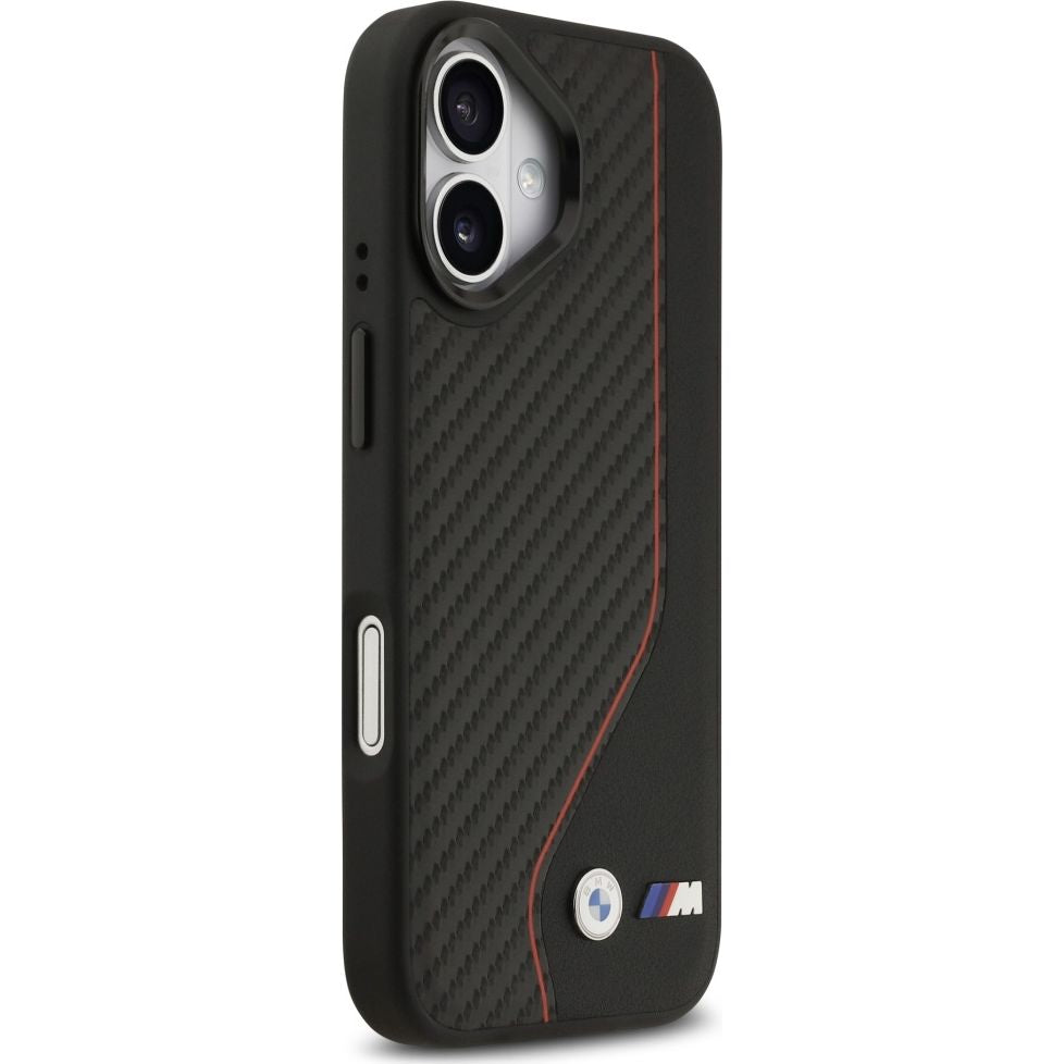 Handyhülle für iPhone 17, BMW M Carbon Line & Logo mit MagSafe, Schwarz mit roter Linie