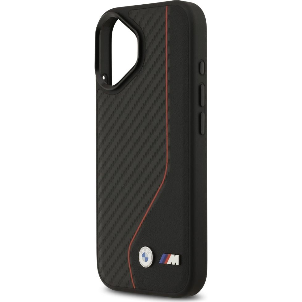 Handyhülle für iPhone 17, BMW M Carbon Line & Logo mit MagSafe, Schwarz mit roter Linie
