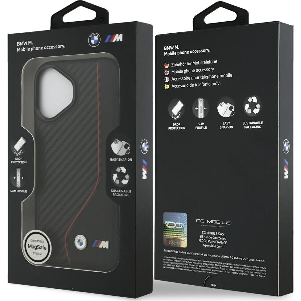 Handyhülle für iPhone 17, BMW M Carbon Line & Logo mit MagSafe, Schwarz mit roter Linie