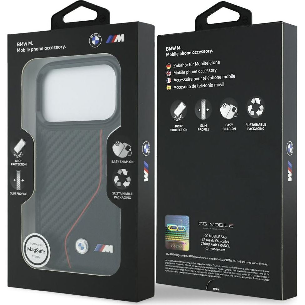 Handyhülle für iPhone 17 Pro, BMW M Carbon Line & Logo mit MagSafe, Schwarz mit roter Linie