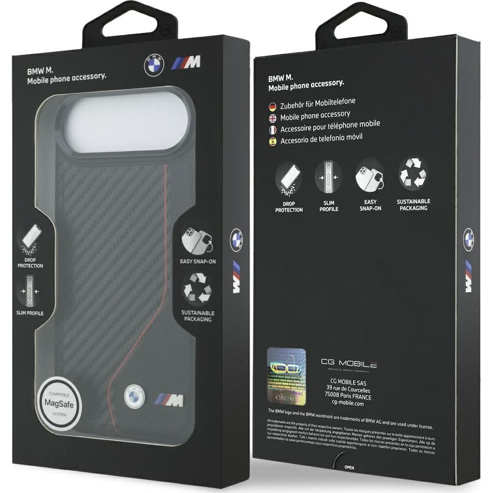 Handyhülle für iPhone Air, BMW M Carbon Line & Logo mit MagSafe, Schwarz mit roter Linie