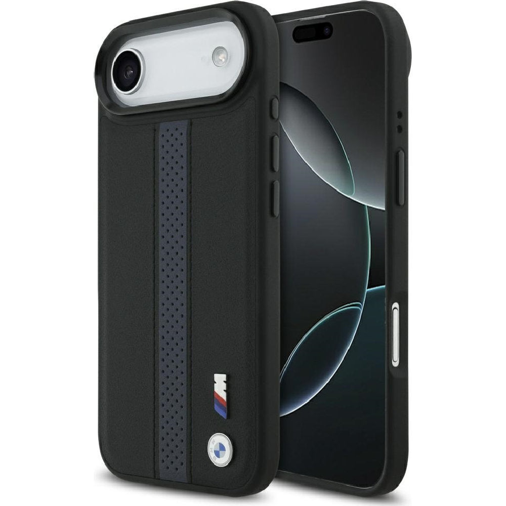 Handyhülle für iPhone Air, BMW Hardcase Perforated Stripe Logo mit MagSafe, Schwarz und Blau