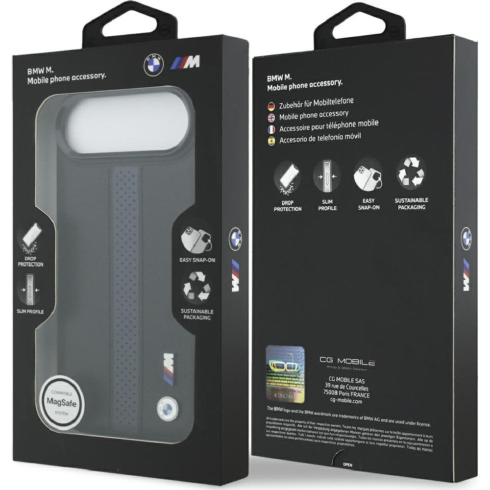 Handyhülle für iPhone Air, BMW Hardcase Perforated Stripe Logo mit MagSafe, Schwarz und Blau