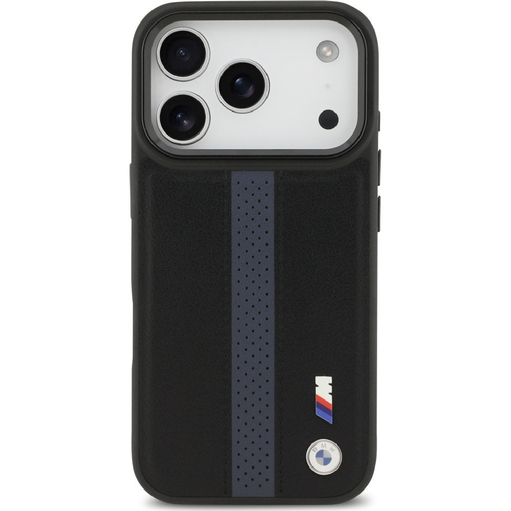 Handyhülle für iPhone 17 Pro, BMW Hardcase Perforated Stripe Logo mit MagSafe, Schwarz und Blau