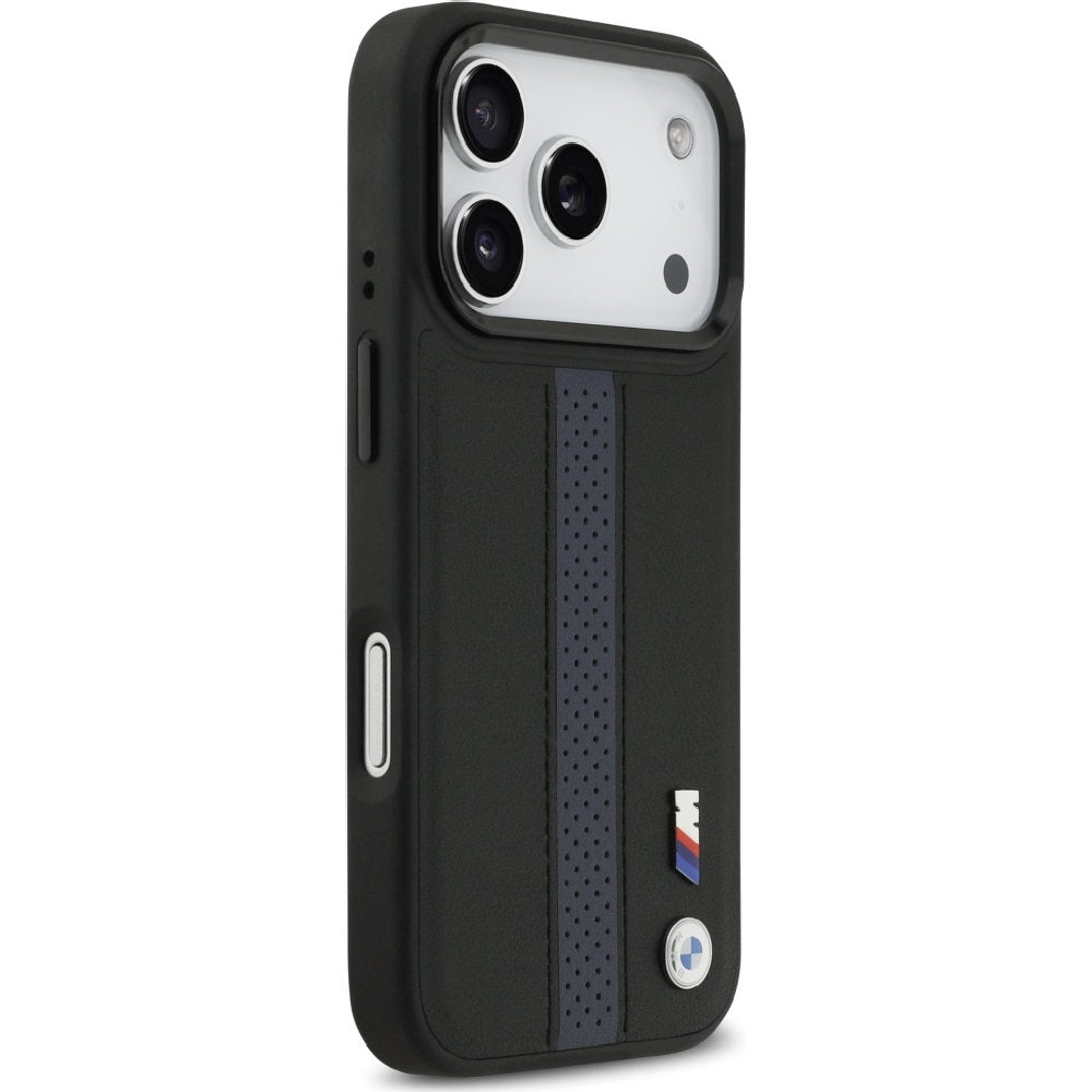 Handyhülle für iPhone 17 Pro, BMW Hardcase Perforated Stripe Logo mit MagSafe, Schwarz und Blau