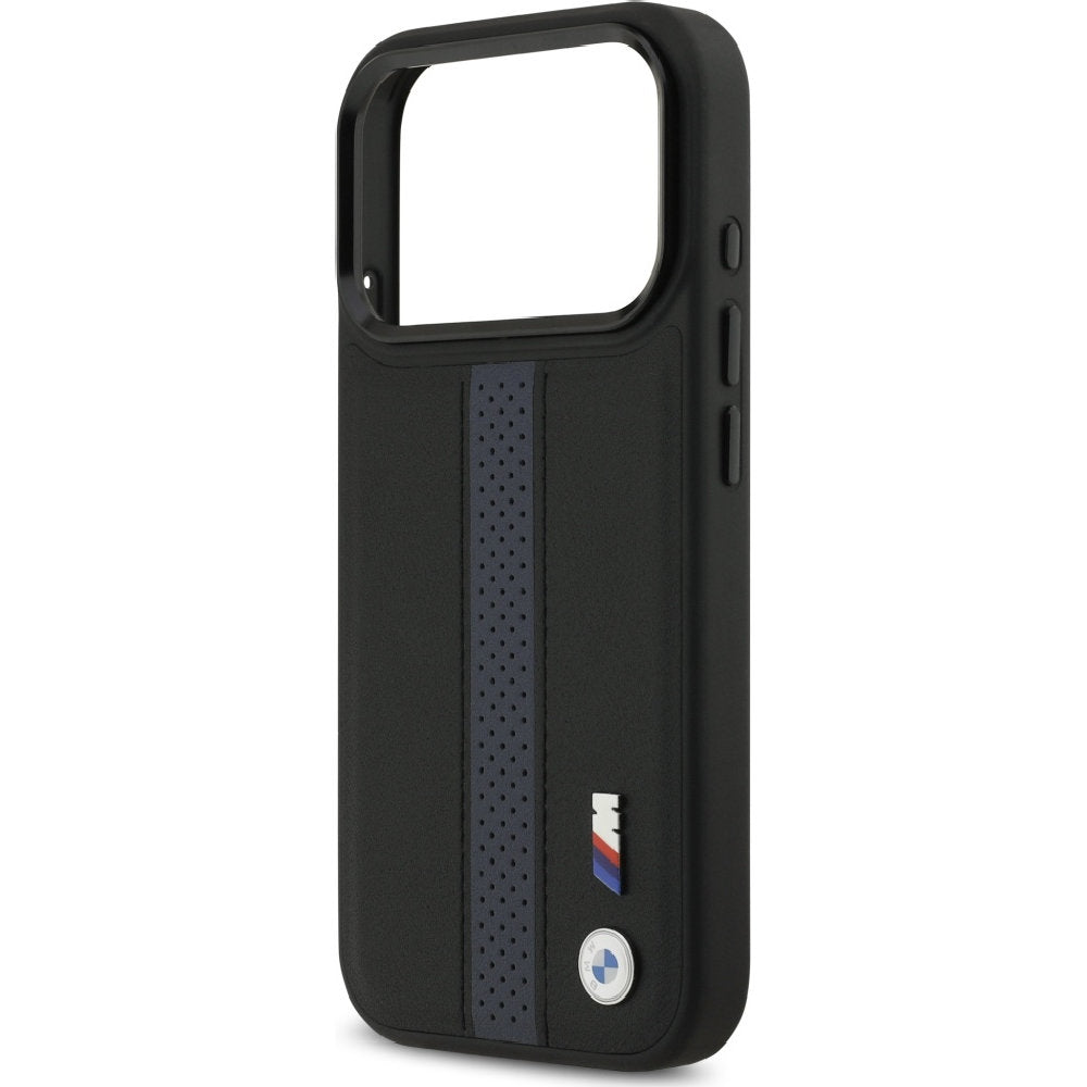 Handyhülle für iPhone 17 Pro, BMW Hardcase Perforated Stripe Logo mit MagSafe, Schwarz und Blau