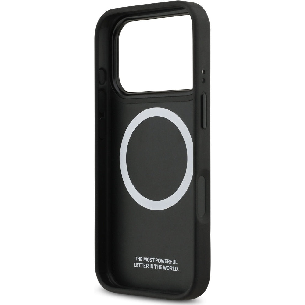 Handyhülle für iPhone 17 Pro, BMW Hardcase Perforated Stripe Logo mit MagSafe, Schwarz und Blau