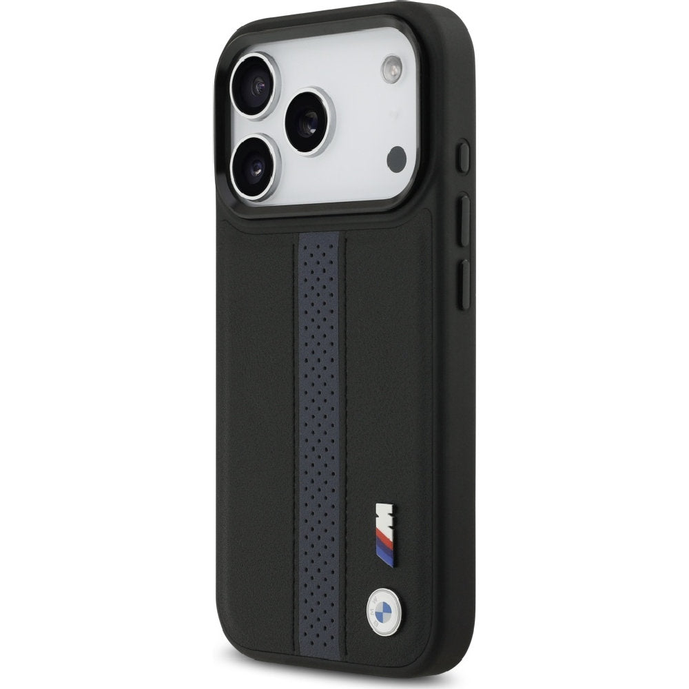 Handyhülle für iPhone 17 Pro, BMW Hardcase Perforated Stripe Logo mit MagSafe, Schwarz und Blau