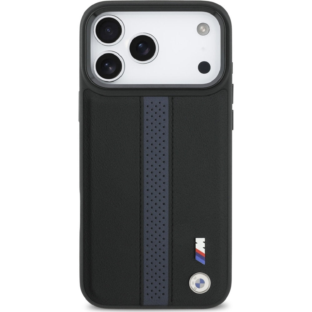 Handyhülle für iPhone 17 Pro Max, BMW Hardcase Perforated Stripe Logo mit MagSafe, Schwarz und Blau