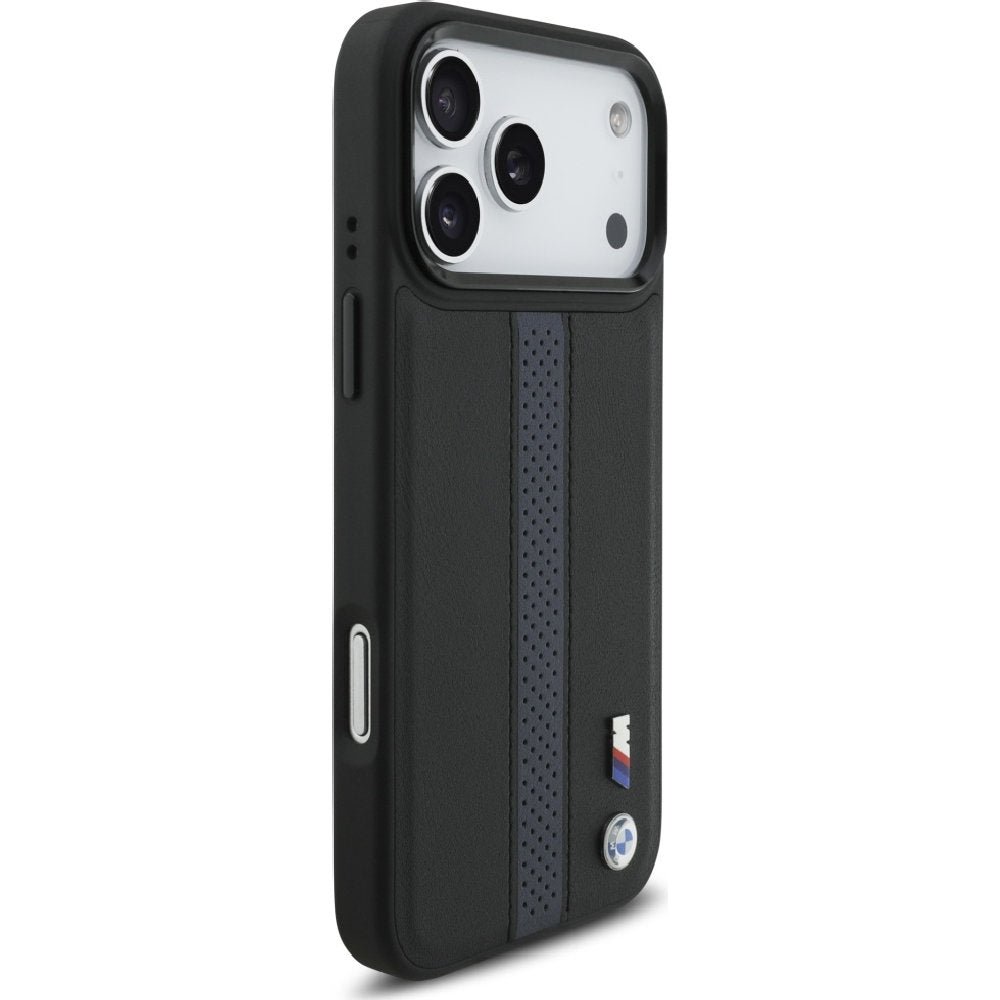 Handyhülle für iPhone 17 Pro Max, BMW Hardcase Perforated Stripe Logo mit MagSafe, Schwarz und Blau