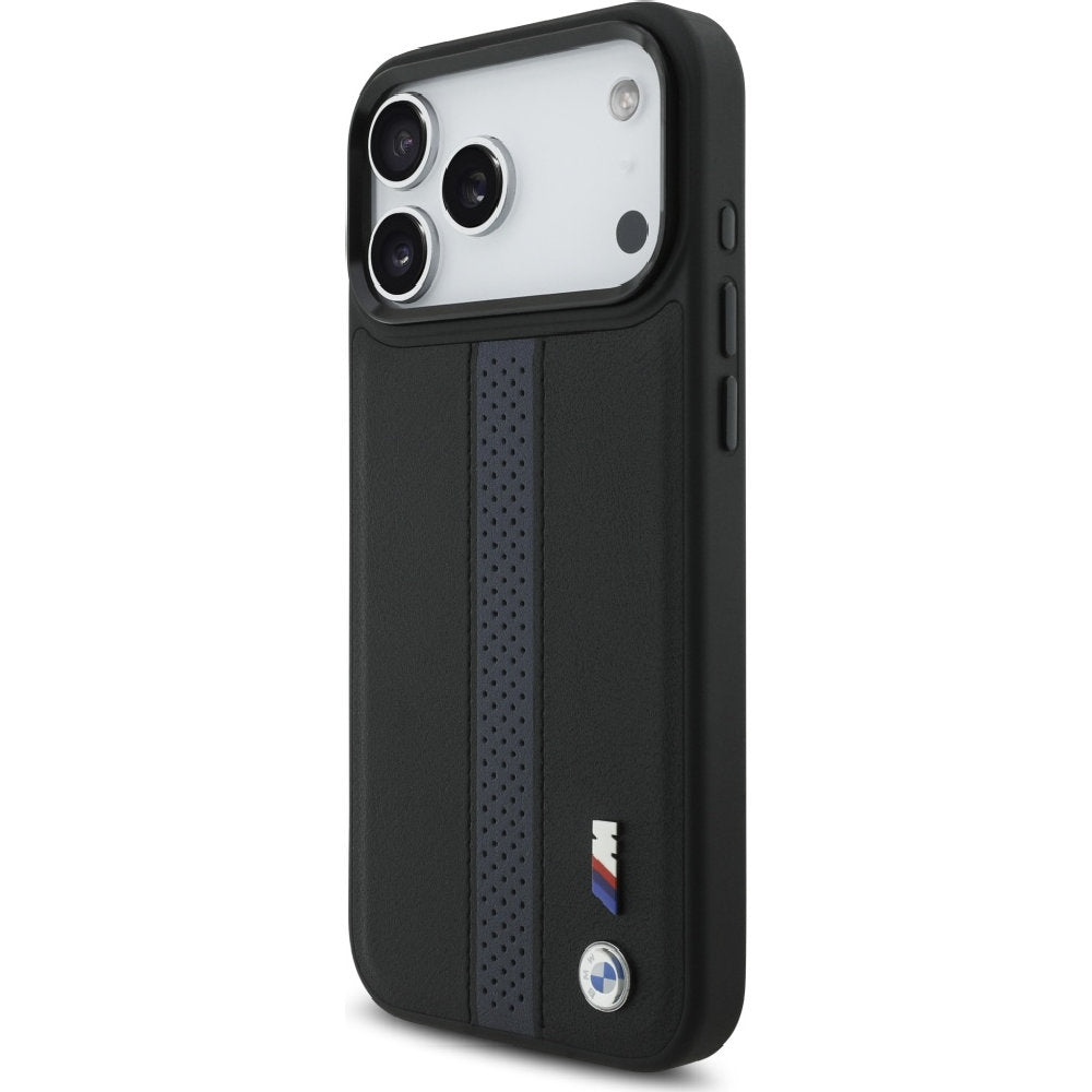 Handyhülle für iPhone 17 Pro Max, BMW Hardcase Perforated Stripe Logo mit MagSafe, Schwarz und Blau